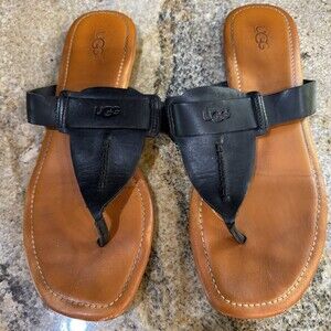Ugg Galia Sandals Women’s Black Leather Size 10 Flip Flop Strappy Flat Casual